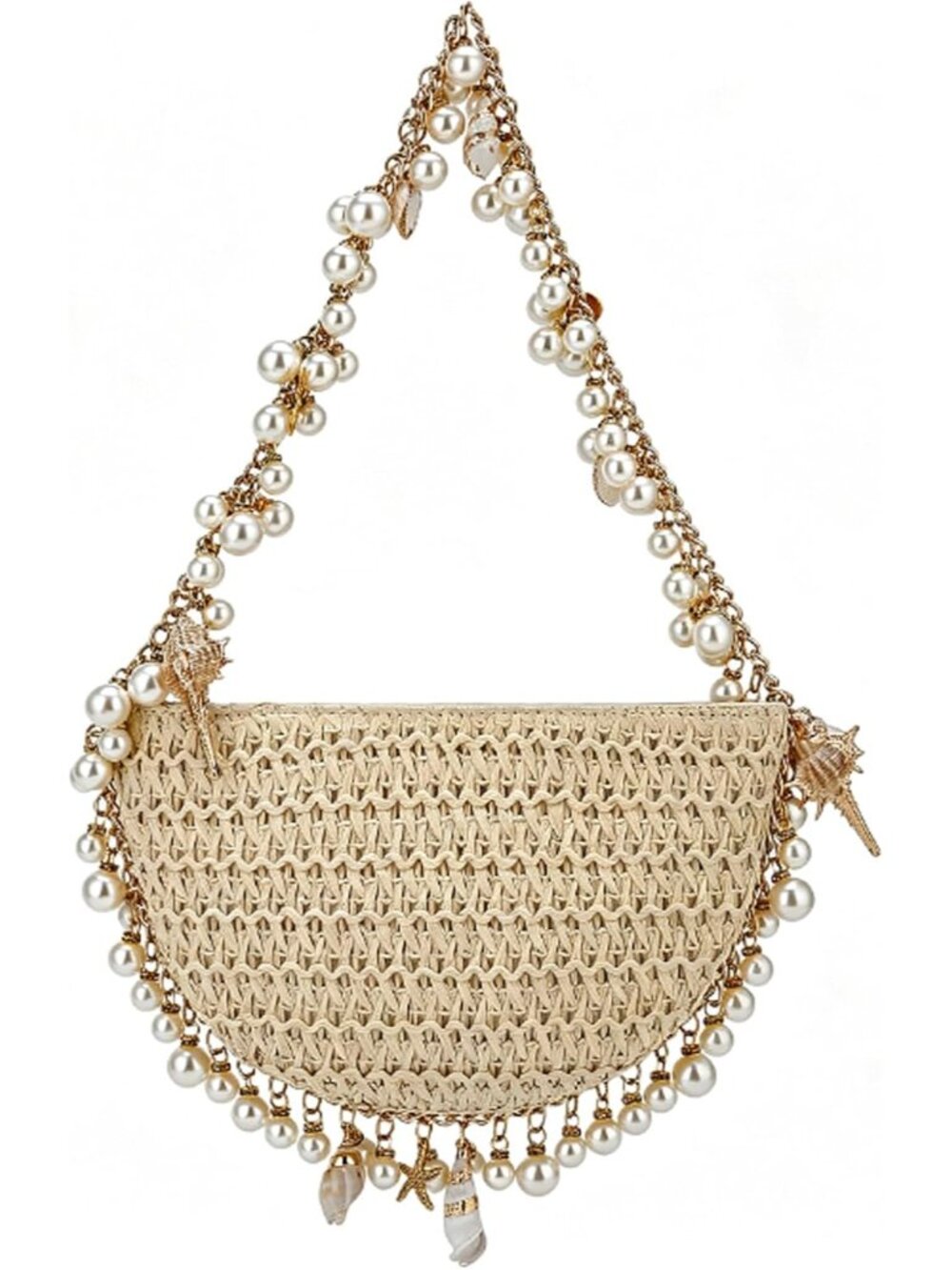Womens Straw Shoulder Bags Pearl Conch Woven Summer Beach Handbag